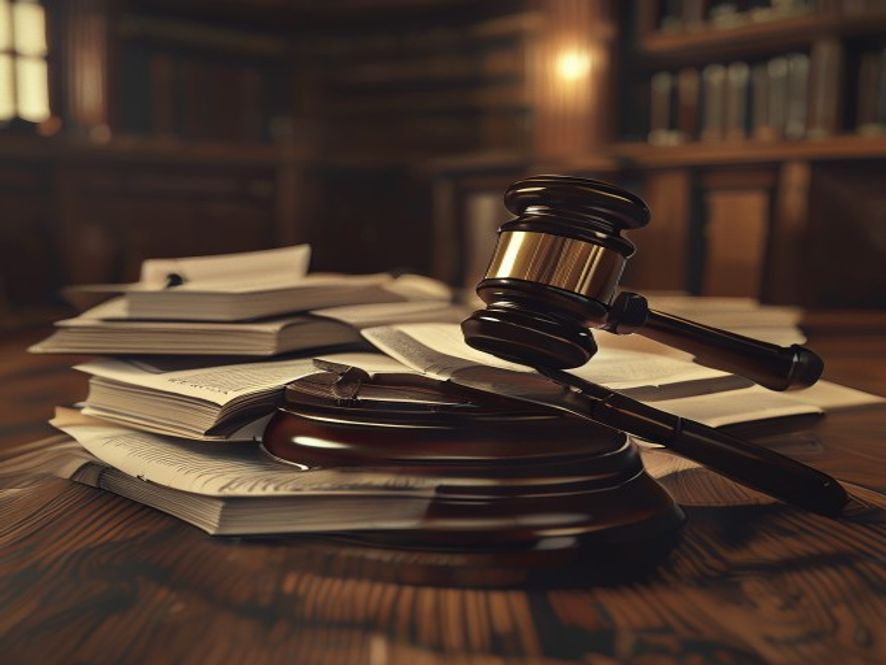 A cinematic and photorealistic 8k image of a heavy wooden gavel resting on a stack of legal documents and judicial files in a dimly lit, somber courtroom, symbolizing the shift in investigative power and the weight of legal justice.