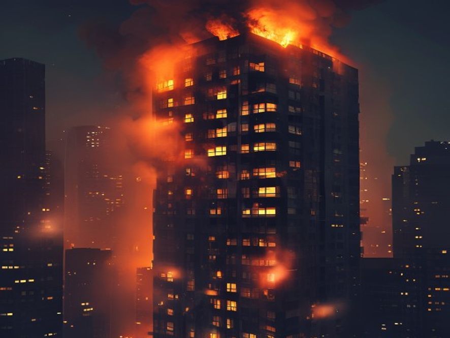 A cinematic, photorealistic 8k image of a highrise apartment building engulfed in smoke during the night, highlighting the chilling contrast between the glowing orange flames and the dark urban skyline, emphasizing the urgency of fire safety and emergency evacuation.