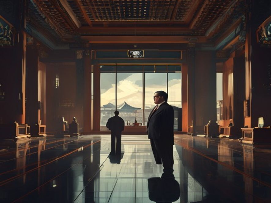 A cinematic, 8k photorealistic wide shot of a seasoned Korean political leader standing in a grand, dimly lit government hall with the Yongsan Presidential Office visible through a distant window, capturing an atmosphere of heavy tension and the strategic weight of an internal power struggle.