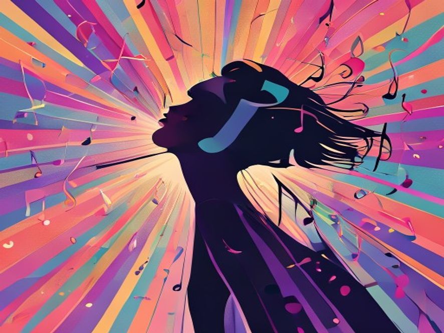 Minimalist professional vector illustration of a legendary female singers elegant silhouette captured in a dramatic spotlight, surrounded by vibrant, flowing musical notes and popart style colorful graphic accents representing an energetic TV show stage, trendy aesthetic with clean lines and a sophisticated color palette.