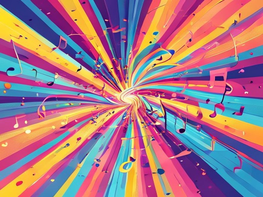 Minimalist professional vector illustration of a stylized, whirlwindlike energy burst featuring vibrant popart colors, abstract musical notes and glowing spotlight elements, embodying an addictive and immersive entertainment experience with clean, trendy lines and flat design aesthetics.