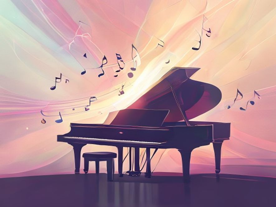 Minimalist professional vector illustration of a grand piano silhouette merging into abstract floating musical notes and ethereal light beams, capturing a serene and profound cinematic atmosphere with a refined, artistic aesthetic.