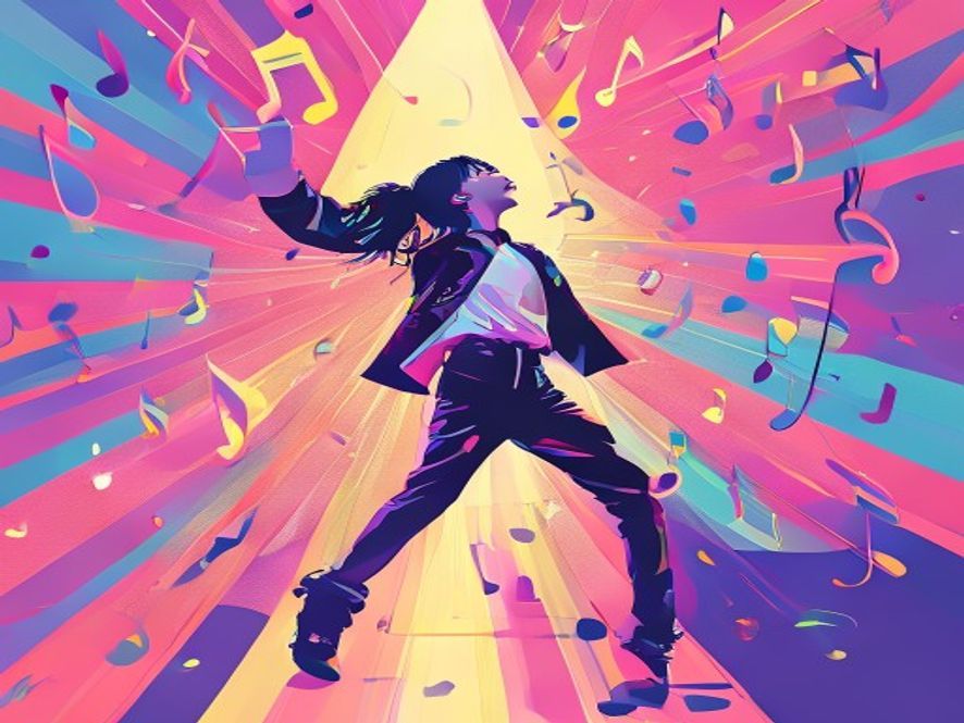 A minimalist professional vector illustration featuring a dynamic silhouette of a Kpop idol performing under a brilliant spotlight, surrounded by vibrant floating musical notes and abstract graphic elements in a trendy, energetic popart color palette symbolizing the global fusion of Eurovision and Asian music.