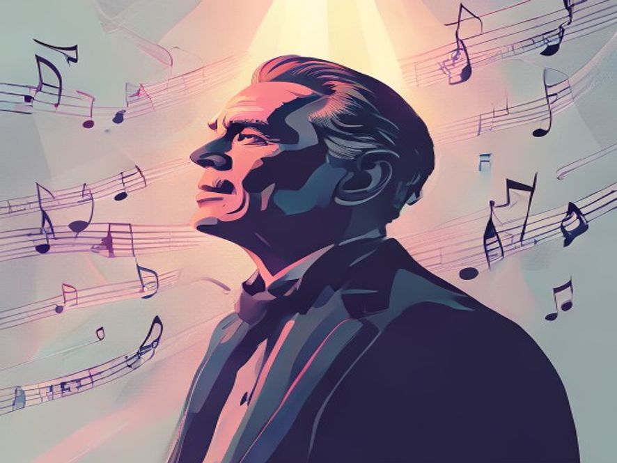 A minimalist professional vector illustration featuring the iconic silhouette of a legendary actor bathed in an ethereal spotlight, surrounded by flowing musical notes and cinematic filmstrip motifs, rendered in a moody yet trendy aesthetic with clean lines and a sophisticated color palette.