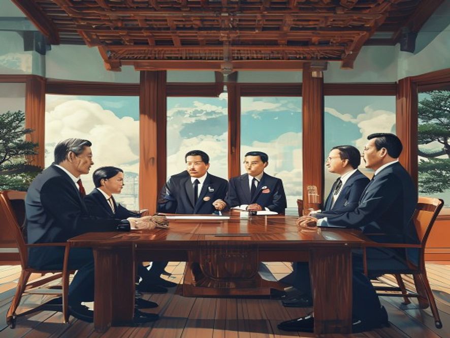 A cinematic, photorealistic 8k image of the South Korean President and labor union leaders engaged in a serious yet hopeful discussion around a grand wooden table at the Blue House, symbolizing the harmonious coexistence and new partnership between corporate growth and labor rights.