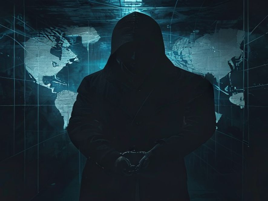 Cinematic and photorealistic 8k image of a shadowy, handcuffed figure in a dark, cold interrogation room with a backdrop of a blurred digital global network map, capturing the intense atmosphere of a highstakes international drug cartel crackdown, dramatic lighting with deep shadows.