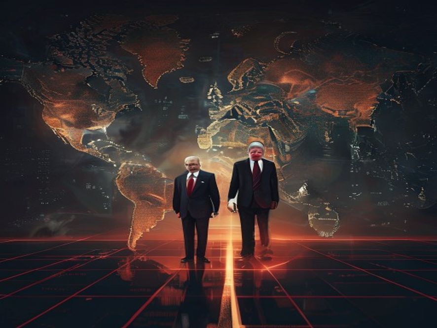 A cinematic and photorealistic 8k image of Vladimir Putin and Donald Trump standing on opposite sides of a glowing, strategic map of Eurasia in a dark, highstakes atmosphere, with Iran depicted under a protective shield and Ukraine fading into a mist of transition, symbolizing the massive shift in global power and energy security.