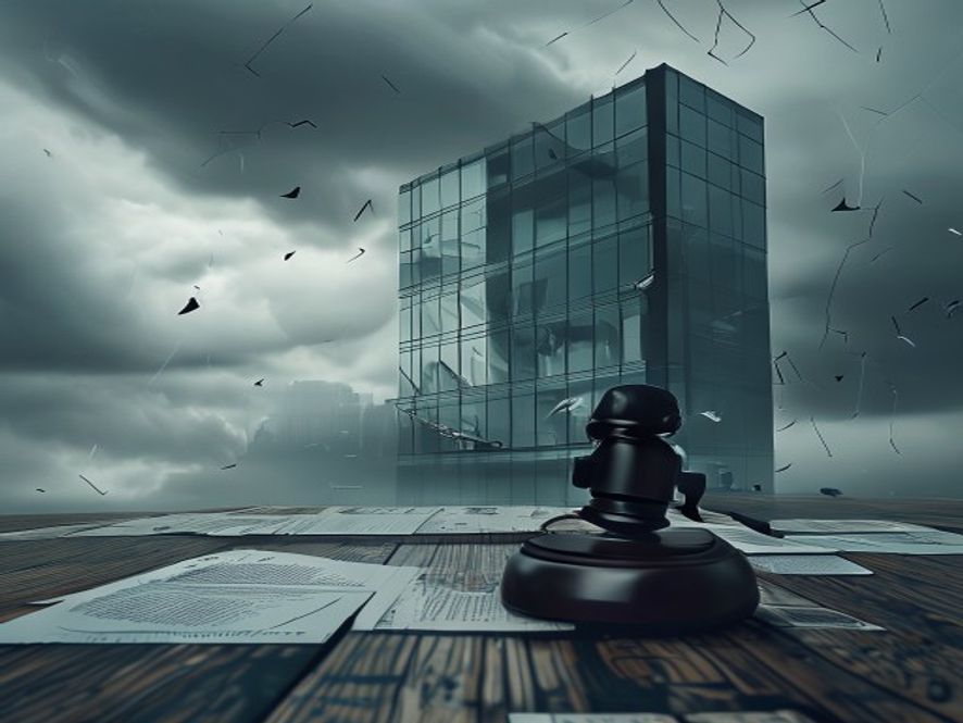 A cinematic and photorealistic 8k image showing a fragmented silhouette of a modern glass office building under a stormy, grey sky, symbolizing the tension and cracks in labor solidarity, with a sharp focus on a lonely, heavy gavel resting on a weathered wooden table amidst scattered documents, conveying a sense of corporate conflict and leadership accountability.
