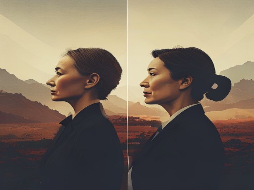 A cinematic, photorealistic 8k image depicting two influential female political figures facing each other on a divided background representing the Gyeonggi province landscape, symbolizing a highstakes electoral battle between contrasting political visions, with a tense and dramatic atmosphere.