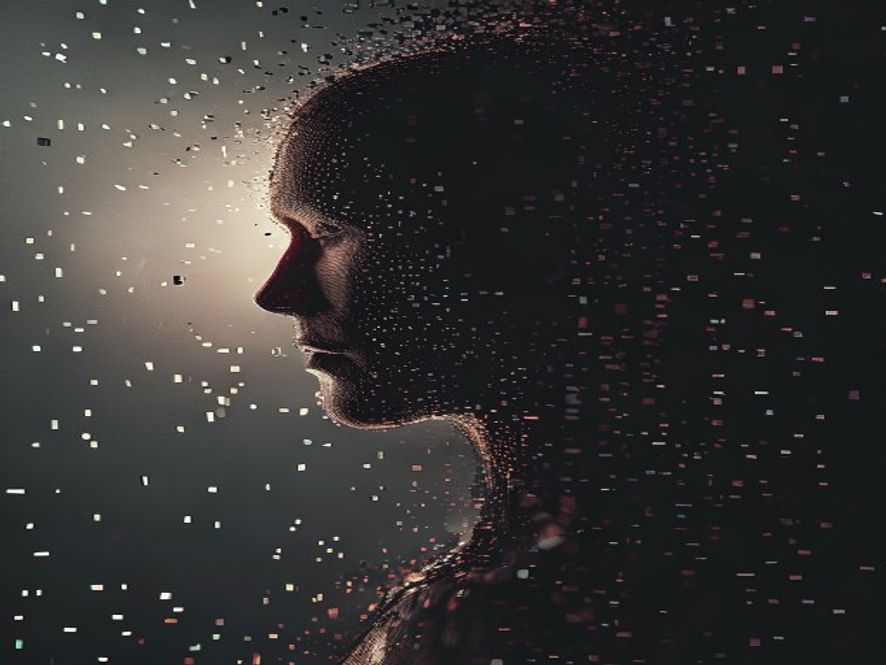 A cinematic, photorealistic 8k image of a glowing digital human silhouette dissolving into scattered pixels, reflecting a chilling sense of ethical crisis in the era of generative AI, with fragmented shadows of a criminal figure fading into a dark, abstract technological void.