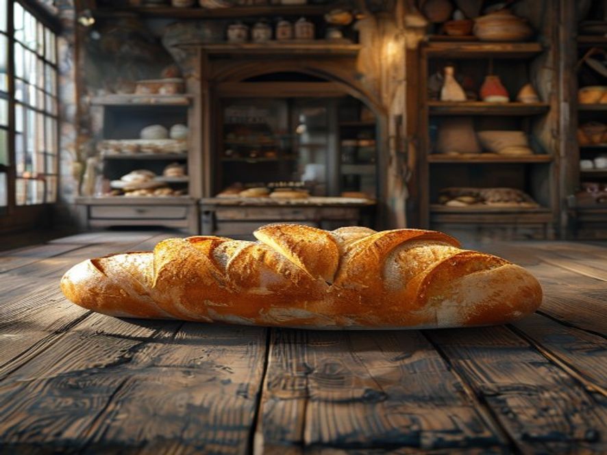 A cinematic, photorealistic 8k image featuring a rustic, golden baguette resting on a weathered wooden table in front of a closed, traditional French bakery, symbolizing the tension between labor rights and consumer convenience in a quiet, moody atmosphere.