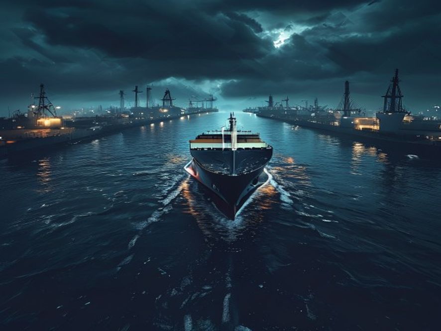 A cinematic and photorealistic 8k image featuring a massive oil tanker navigating a dark, turbulent strait under a dramatic stormy sky, symbolizing global energy supply chain instability and geopolitical tension, with silhouettes of industrial maritime infrastructure in the background, sharp focus, moody lighting.