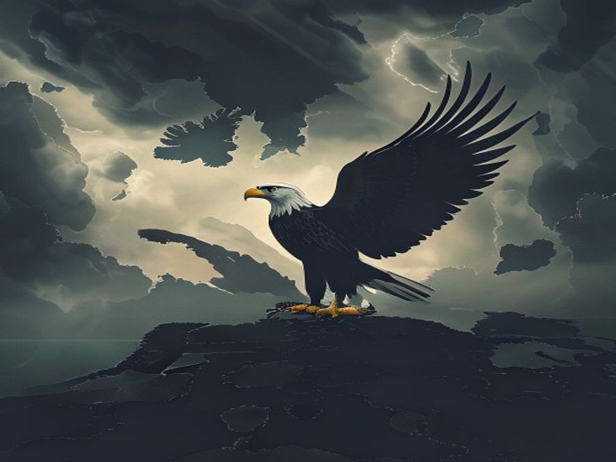 A cinematic and photorealistic 8k image featuring a lone German eagle emblem silhouette standing firm against a backdrop of a shifting, vast European map under a dramatic stormcloud sky, symbolizing strategic independence and the rise of a new multipolar security era.