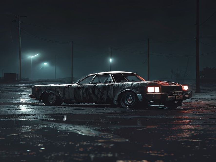 A cinematic, photorealistic 8k image of a wrecked car in a dark, desolate environment under dim streetlights, symbolizing the tragic consequences of underage drunk driving and a lost youth, captured in a somber and moody atmosphere.
