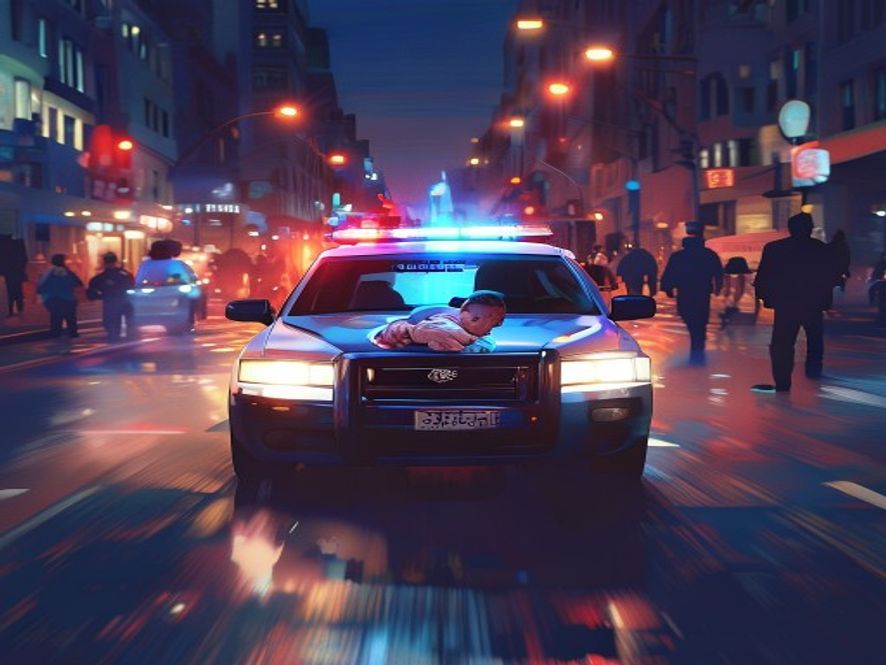 A cinematic and photorealistic 8k image showing a police patrol car with flashing blue and red lights leading a distressed father holding a sick infant in his arms through a congested city street at twilight, capturing a hightension moment of hope and emergency rescue, dramatic lighting, highly detailed.
