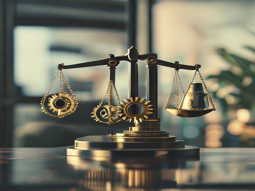 Cinematic, photorealistic 8k image featuring a conceptual metaphor of two contrasting economic scales representing the Korean and Japanese labor markets, with a balance between stylized gears of industrial productivity and abstract currency symbols, set against a professional and thoughtful office backdrop with a soft focus, emphasizing the complexity of wage policy and sustainable economic growth.