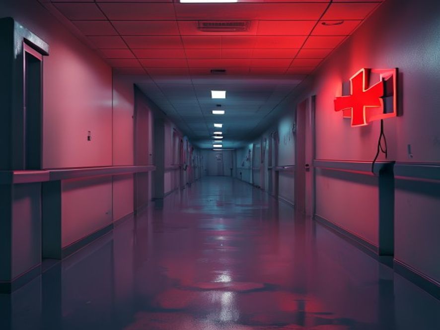 A cinematic and photorealistic 8k image showing a dimly lit, empty hospital corridor with a blurred red emergency sign, symbolizing the fragile and broken medical infrastructure in Korea, emphasizing a heavy and somber atmosphere of critical healthcare collapse.