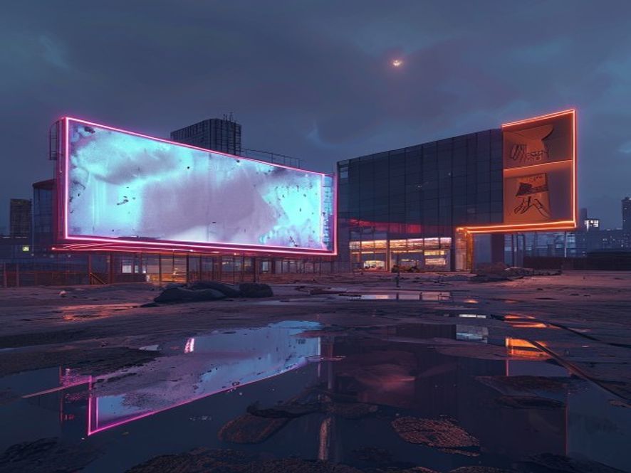 A cinematic, photorealistic 8k image featuring an unfinished and empty construction site of a modern island exhibition hall in Yeosu, contrasted with a glamorous but hollow neon billboard advertisement in the background, symbolizing the irony of superficial promotion over substantial preparation, moody lighting, high contrast.
