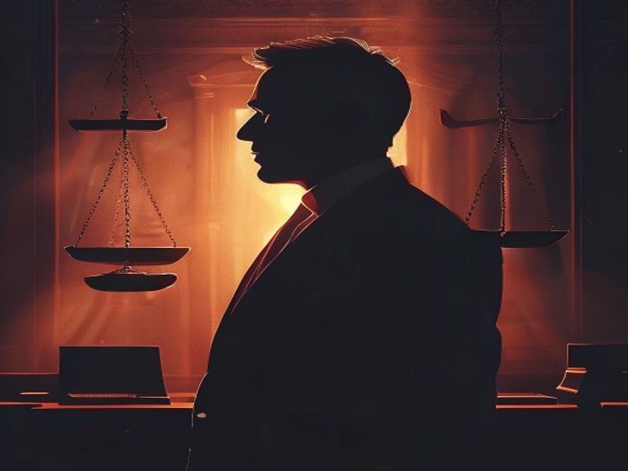 A cinematic, photorealistic 8k image featuring a silhouette of a focused politician standing in a dimly lit, highstakes political debate atmosphere, with subtle visual metaphors of scales of justice and legal documents in the background to represent the intense scrutiny of judicial reform in an election campaign.