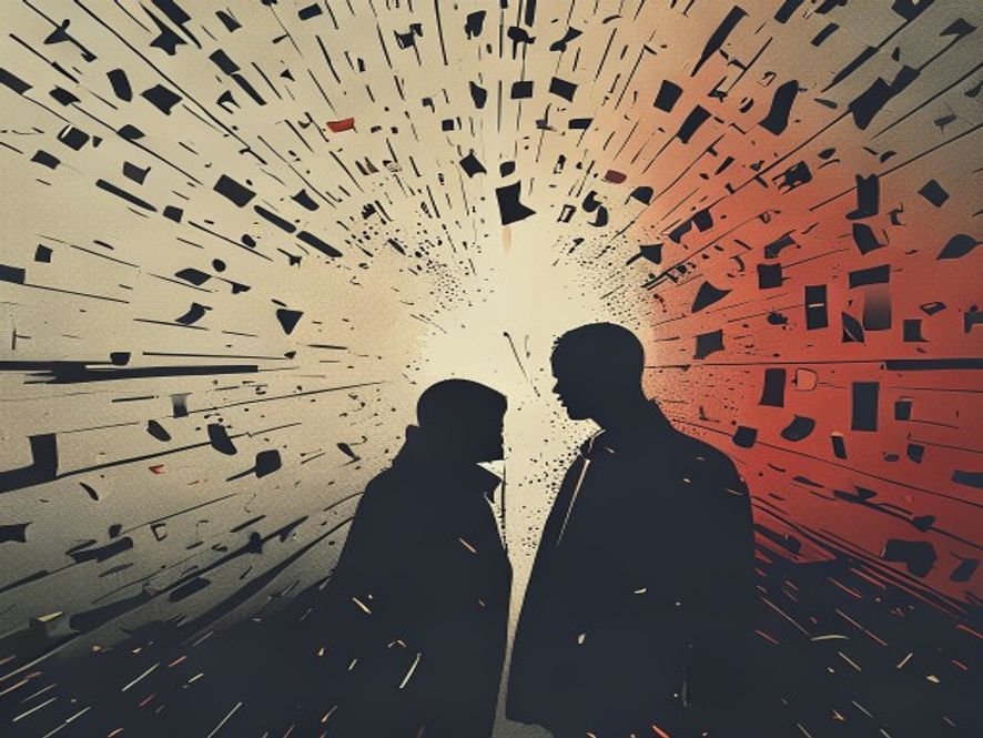 A cinematic, photorealistic 8k image featuring a conceptual representation of political conflict, showing a sharp, shadowy silhouette of two opposing figures in a hightension atmosphere, surrounded by scattered, fragmented letters and symbols that symbolize the weaponization of language and the manipulation of public narrative.