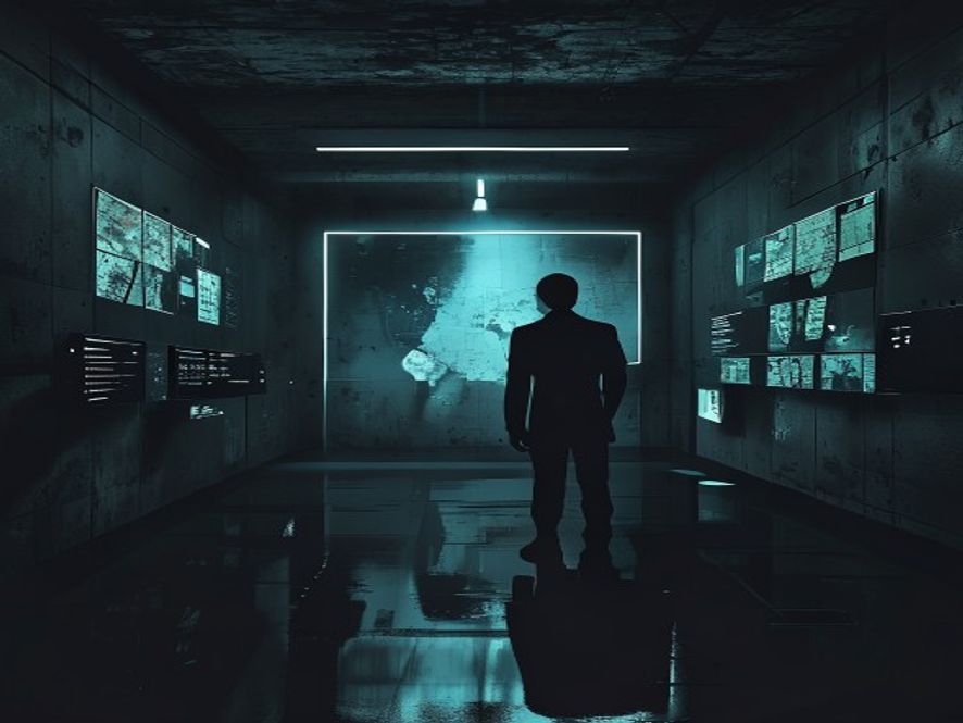 A cinematic, photorealistic 8k image of a shadowy, isolated leader silhouetted in a dimly lit, highsecurity underground concrete bunker, surrounded by glowing tactical maps and surveillance screens, reflecting an atmosphere of paranoia and global uncertainty.
