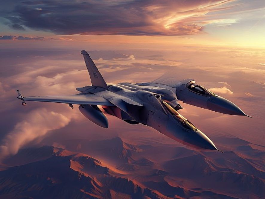 A cinematic, photorealistic 8k image featuring a sleek, advanced F35 fighter jet soaring through a dramatic, twilight sky above a rugged Middle Eastern desert, capturing an intense atmosphere of modern military precision and strategic dominance.