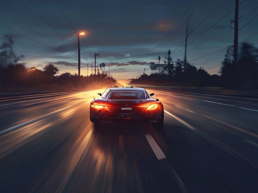 Cinematic, photorealistic 8k image of a tense road scene at twilight, capturing a blurred aggressive car tailgating a vulnerable cyclist on an asphalt street, dramatic lighting emphasizing the feeling of threat and road rage, high detail, sharp focus on the conflict.
