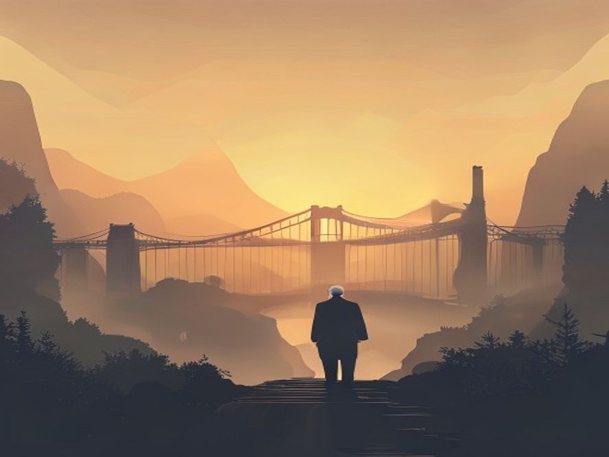 A dignified elder statesman standing before a grand, symbolic bridge spanning a misty valley toward a unified horizon at golden hour, capturing a solemn and cinematic 8k tribute to a life dedicated to national harmony and intellectual leadership.