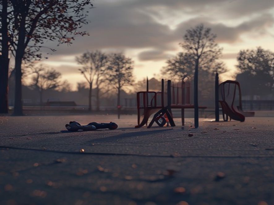 A cinematic and photorealistic 8k image capturing the somber atmosphere of an empty, peaceful park playground at dusk, with a soft focus on a solitary childs abandoned toy in the foreground, evoking a sense of vulnerability and the urgent need for communal safety, dramatic lighting, high contrast, emotional depth.