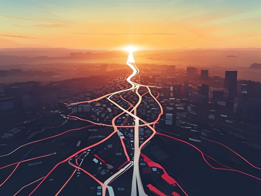 A cinematic, photorealistic 8k image featuring a conceptual silhouette map of Gyeonggido divided into 31 vibrant districts, with two distinct abstract paths representing competing political visions converging toward a bright, hopeful urban horizon, symbolizing a critical moment of local leadership election.