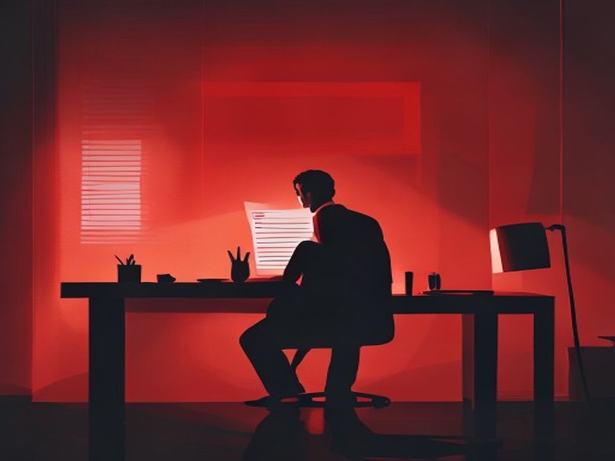 A cinematic, photorealistic 8k image featuring a lonely, shadowed man sitting at a desk with a glowing red 3x penalty invoice on a document, symbolizing the heavy consequence of marital deception in a matchmaking service, with a tense and serious atmosphere.