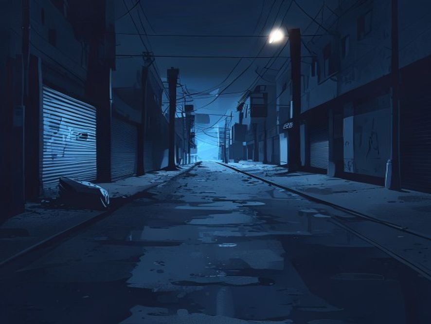 A cinematic and photorealistic 8k image of a desolate, dimly lit urban street at twilight, capturing a mood of deep anxiety and social unease, with long shadows and cold blue tones reflecting the chilling reality of random violence in modern society.
