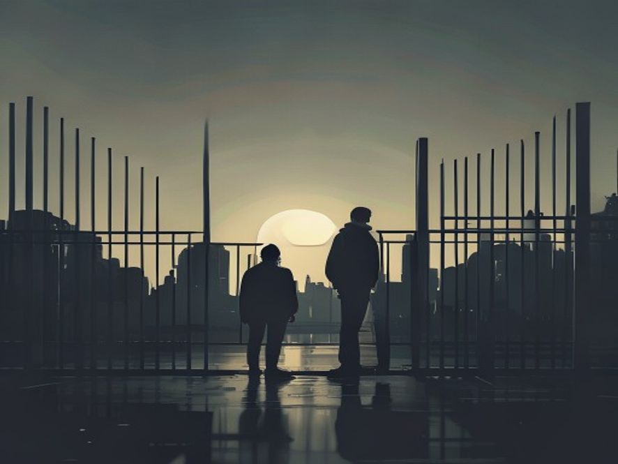 A cinematic, photorealistic 8k image of a solitary young man standing behind a symbolic metal gate representing confinement, with a blurred silhouette of a modern cityscape in the distance, capturing a somber and reflective mood regarding the constitutional debate over mandatory service, dramatic lighting, high contrast.
