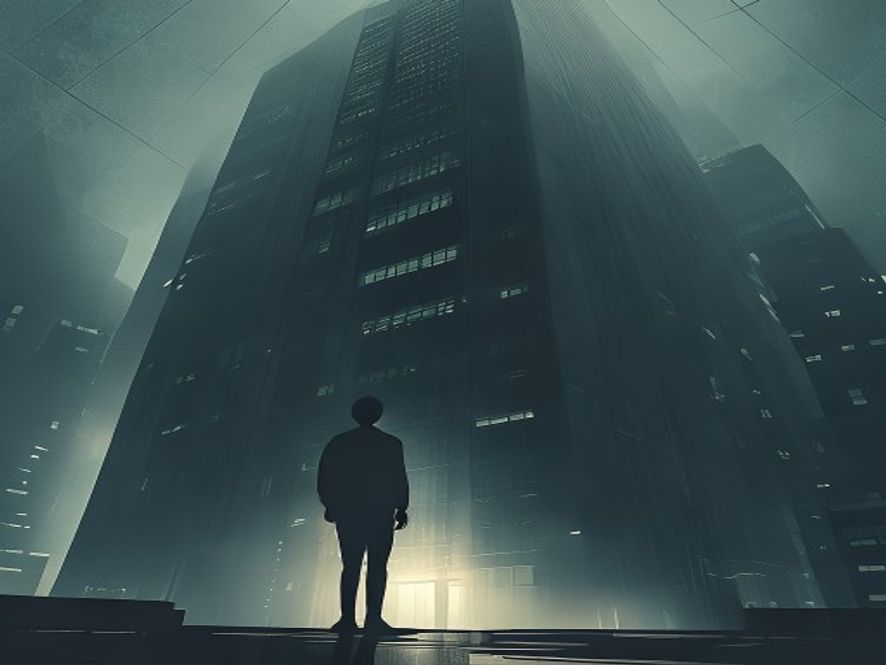 A cinematic and photorealistic 8k image of a lonely, exhausted young professional standing in the shadow of a colossal, dimly lit modern skyscraper office, symbolizing the crushing weight of corporate performance pressure and the somber reality of workplace mental health, high contrast, moody atmosphere.