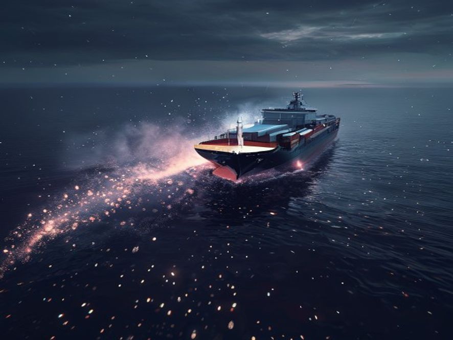 A cinematic and photorealistic 8k image of a massive cargo ship isolated in the middle of a dark, moody ocean at twilight, with glowing, ethereal microscopic virus particles swirling in the misty air around the vessel, symbolizing a hidden biological threat, highly detailed, dramatic lighting.