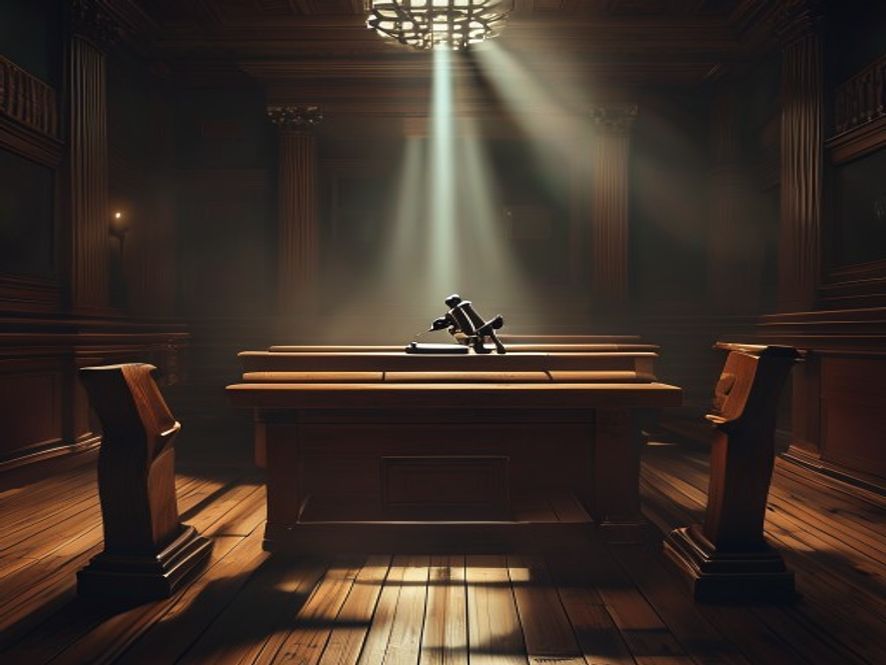 A cinematic and photorealistic 8k image of an empty wooden judges bench in a dimly lit, somber courtroom, with a solitary shaft of light highlighting a heavy gavel and a stack of legal documents, capturing a solemn and contemplative atmosphere of mourning and systemic weight.
