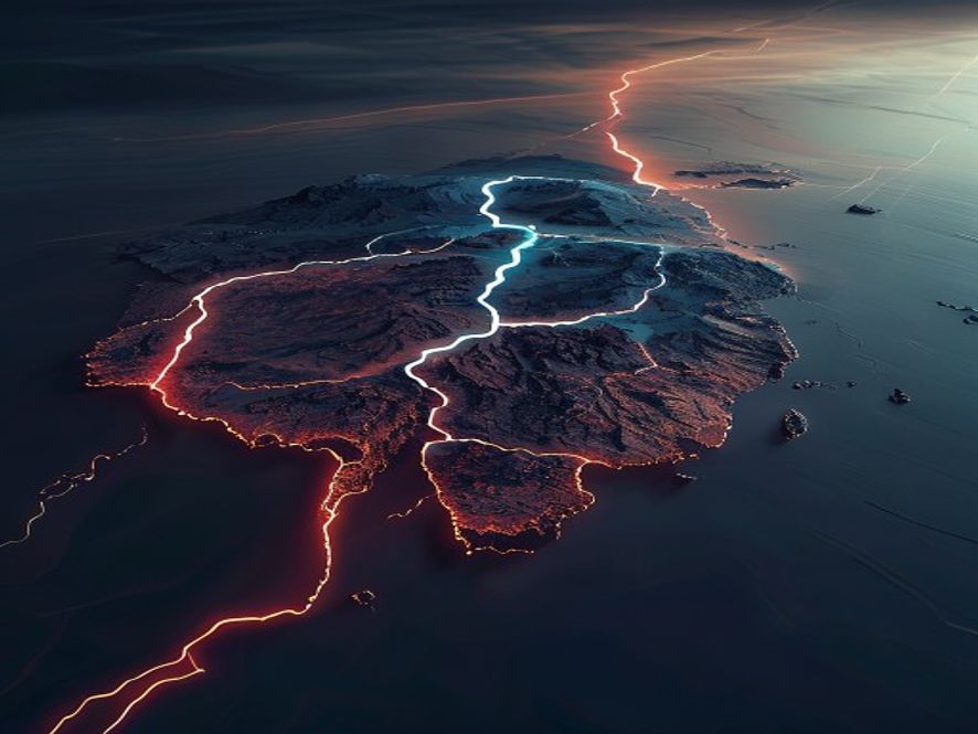 A cinematic, photorealistic 8k image showing a divided Korean peninsula map split by a sharp, glowing border line, symbolizing the transition from a unified nation to two hostile states under a cold, tense atmosphere, dramatic lighting, highly detailed.