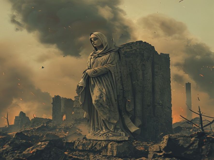 A cinematic, photorealistic 8k image capturing a weathered stone statue of the Virgin Mary standing amidst the charred, smokefilled ruins of a wartorn Lebanese landscape, symbolizing the clash between religious sanctity and the brutality of modern conflict, with dramatic lighting highlighting the desecration.