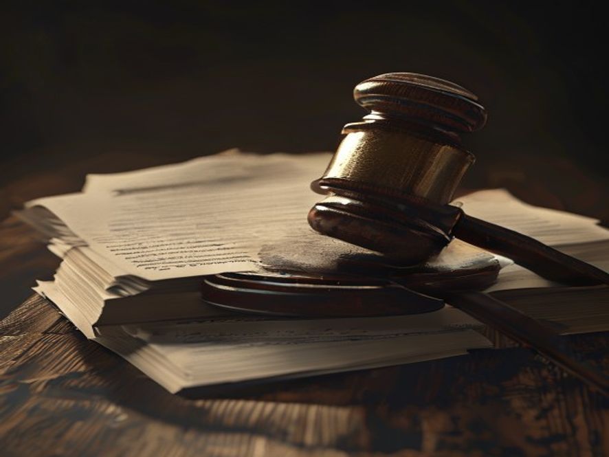 A cinematic, photorealistic 8k image of a weathered judicial gavel resting on a stack of official government documents, symbolizing the heavy balance between a 50year public service career and the demand for impartial justice, with a dramatic chiaroscuro lighting reflecting the tension of legal accountability.