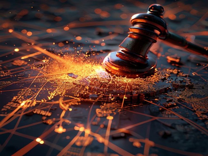 A cinematic and photorealistic 8k image of a colossal, weathered legal gavel striking down on a glowing, intricate 3D map of the global supply chain, with fragmented trade tariff barriers crumbling into dust, capturing a tense atmosphere of political uncertainty and shifting economic power.