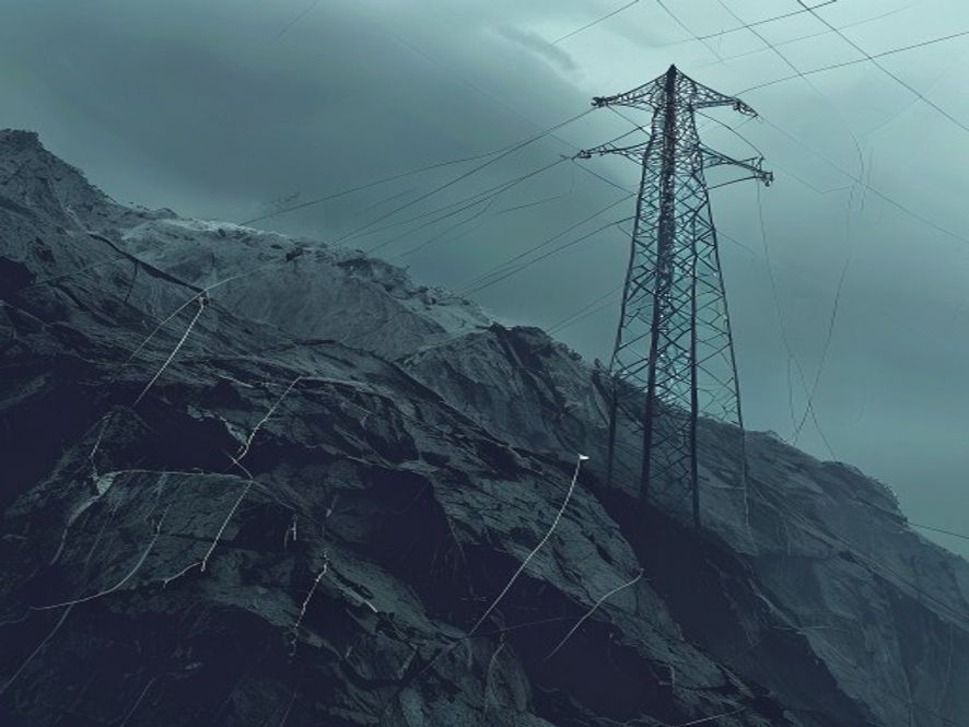 A cinematic, photorealistic 8k image of a massive highvoltage electricity pylon standing precariously on a collapsing mountainside with deep, jagged cracks in the eroding soil, captured during a moody and ominous prerainstorm atmosphere, emphasizing the urgent threat of a potential landslide.