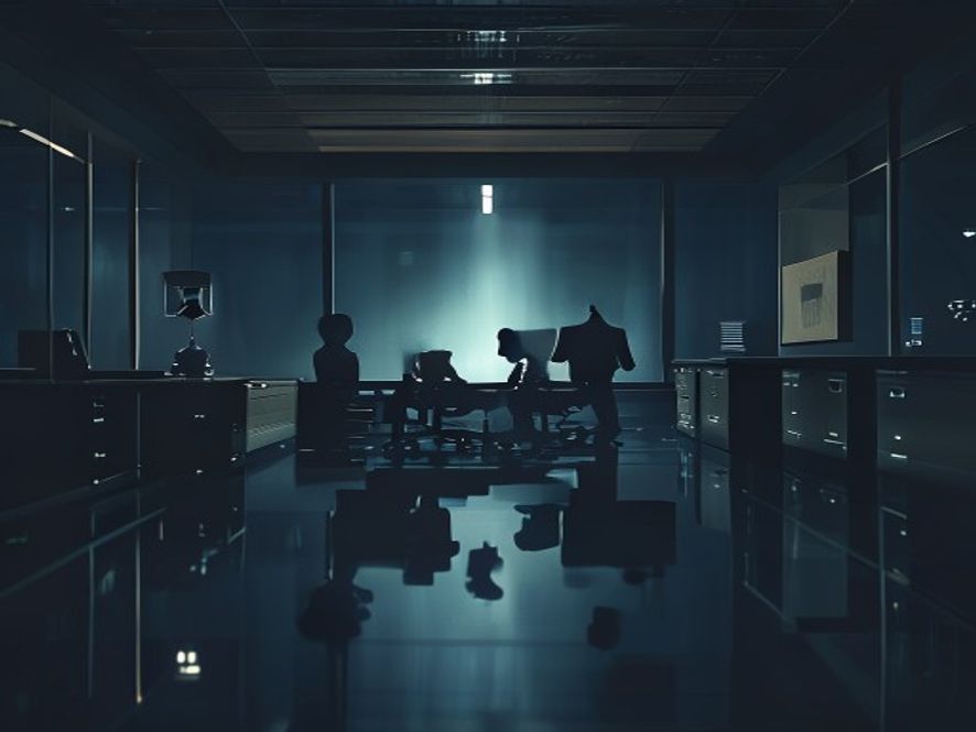 A cinematic, photorealistic 8k image of two shadowy silhouettes meeting in a dimly lit, cold office environment at night, emphasizing a tense atmosphere of political secrecy and moral ambiguity, with flickering lights reflecting on polished surfaces to symbolize the erosion of institutional transparency and public trust.