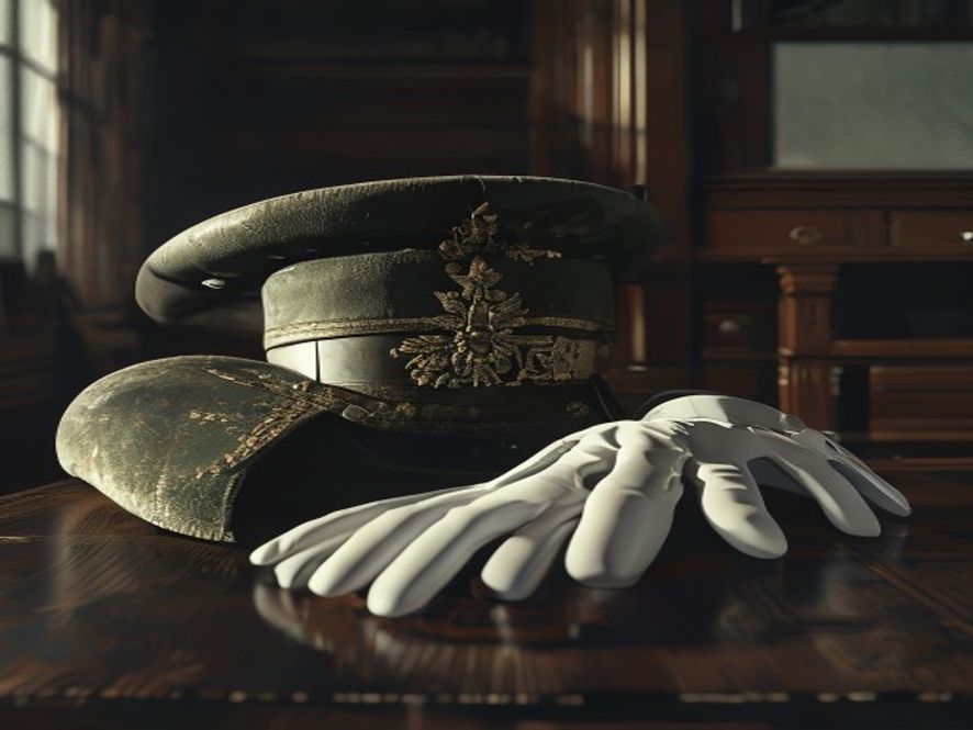 A cinematic, photorealistic 8k image of a weathered military commanders ceremonial hat and a pair of white gloves placed solemnly on a dark, polished wooden desk in a dim office, casting long, dramatic shadows that evoke a heavy atmosphere of accountability and legal judgment.