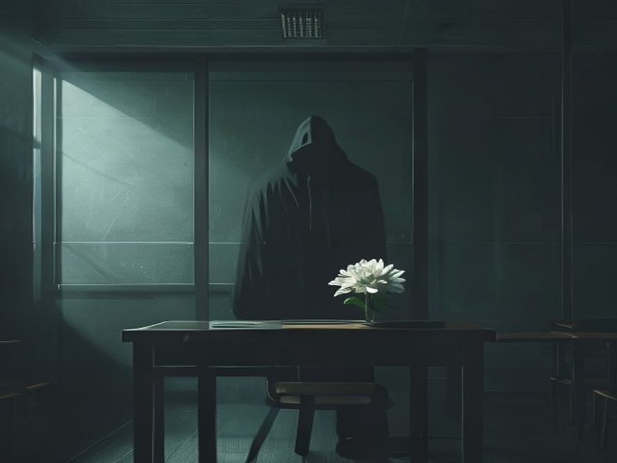 A cinematic and somber 8k photorealistic image of a lone high school desk with a white memorial flower in a dimly lit classroom, juxtaposed against a dark, obscured silhouette of a hooded figure standing behind a thick frosted glass wall representing the legal delay of identity disclosure, evoking a heavy atmosphere of social tension and unresolved justice.