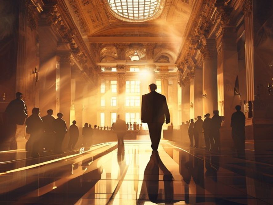 Cinematic, photorealistic 8k image of the U.S. Secretary of State in formal attire walking through a grand, sunlit historical hall in Rome, with a subtle backdrop of Vatican architecture and silhouettes of international diplomats, evoking a sense of highstakes global diplomacy and the pursuit of peace.