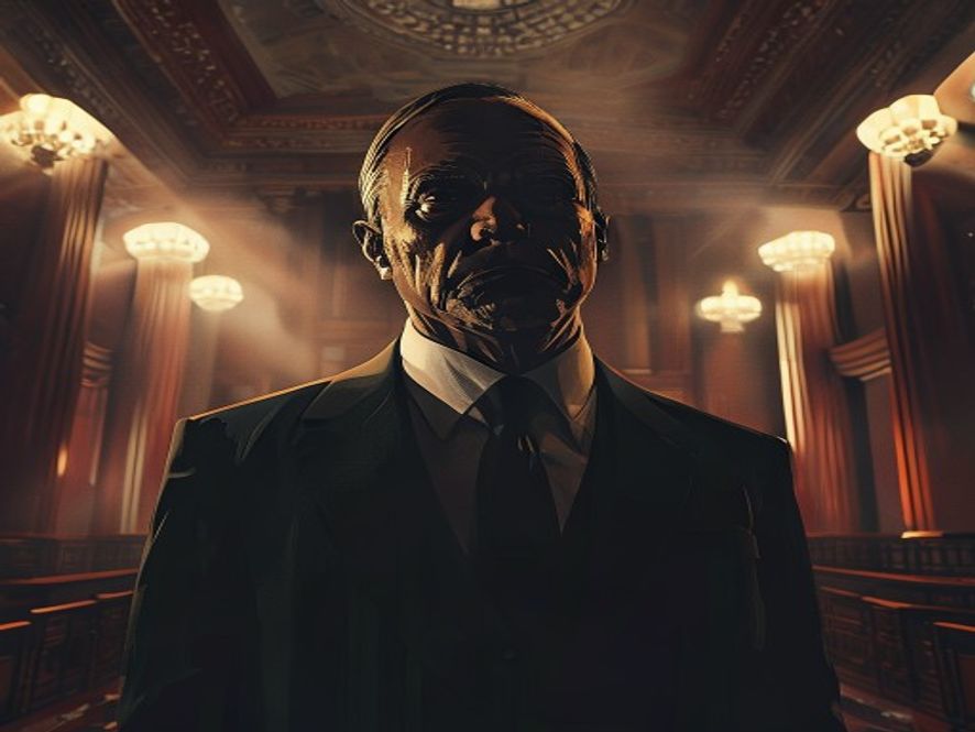 A cinematic, highresolution portrait of a solemn political leader standing in a grand, dimly lit government hall, reflecting on the heavy burden of public duty and political controversy, photorealistic, 8k, dramatic lighting with soft shadows, atmospheric and thoughtprovoking mood.