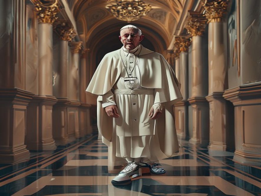 A cinematic, photorealistic 8k portrait of the Pope wearing stylish, modern Nike sneakers, standing in a grand and solemn Vatican hallway, blending traditional religious authority with contemporary streetwear fashion, high contrast lighting, sharp detail, surreal digital art style.