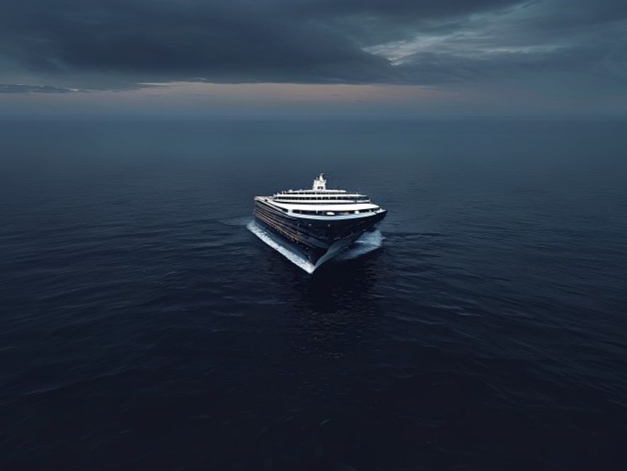 A cinematic, photorealistic 8k image of a colossal cruise ship adrift on a dark, vast ocean at twilight, symbolizing a sense of isolation and highstakes tension, with subtle ominous mist surrounding the vessel to reflect the global health quarantine alert, highly detailed, moody atmosphere.