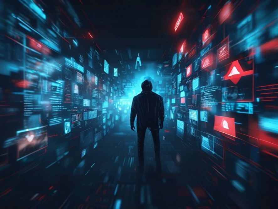 A cinematic, photorealistic 8k image of a blurred, mysterious figure standing in the center of a dark, moody environment, surrounded by glowing blue digital code and hovering holographic screens displaying fragmented personal profiles and red warning symbols, symbolizing the chaotic and dangerous nature of online vigilantism and digital shaming in a modern society.
