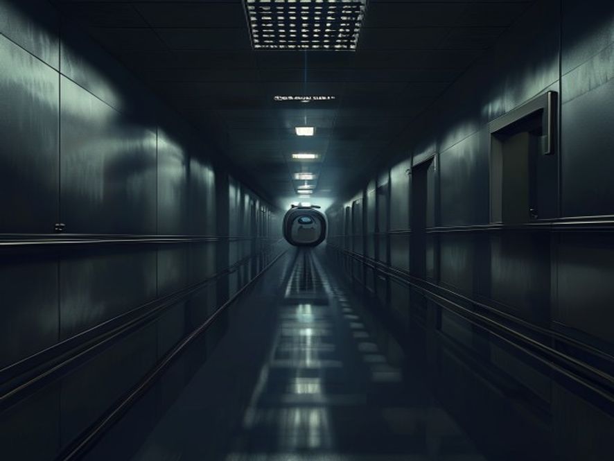 A cinematic and photorealistic 8k image of a shadowy, imposing government office corridor with long, dramatic silhouettes reflecting a heavy atmosphere of secrecy and corruption, highlighting a blurred iron train track symbol in the background to represent the Korea National Railway, dark moody lighting, high contrast.